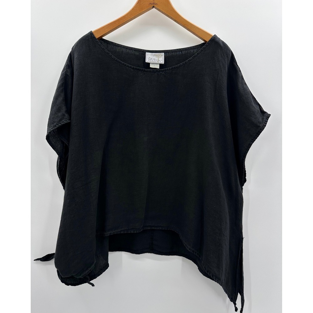 La Fixsun Black 100% Linen Oversized Boxy High-Low Poncho Top Lrg Lagenlook